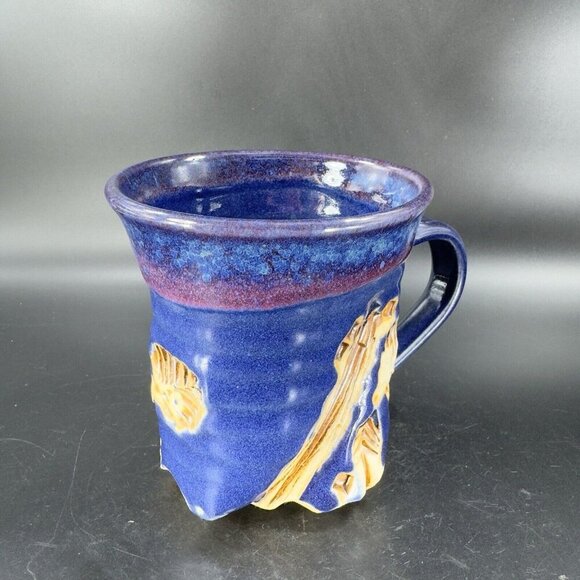 Hand Made Abstract Coffee Mug Cup Cobalt Blue Pottery Mug Artist Signed Bottom - Picture 11 of 16